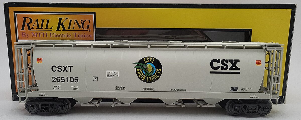 MTH 30-75521 O CSX RailKing 4-Bay Cylindrical Hopper Car #265105 EX/Box