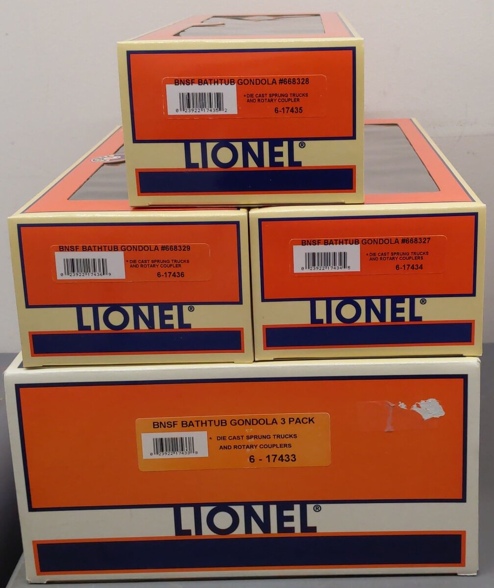 Lionel 6-17433 O Gauge BNSF Bathtub 3-Car Gondola Set #668327/#668328/#668329 EX/Box