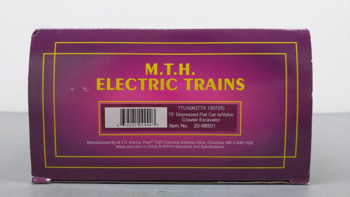 MTH 20-98501 O TTUX 75' Flatcar w/ Volvo Excavator #130725 EX/Box
