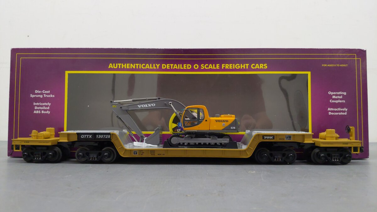 MTH 20-98501 O TTUX 75' Flatcar w/ Volvo Excavator #130725 EX/Box
