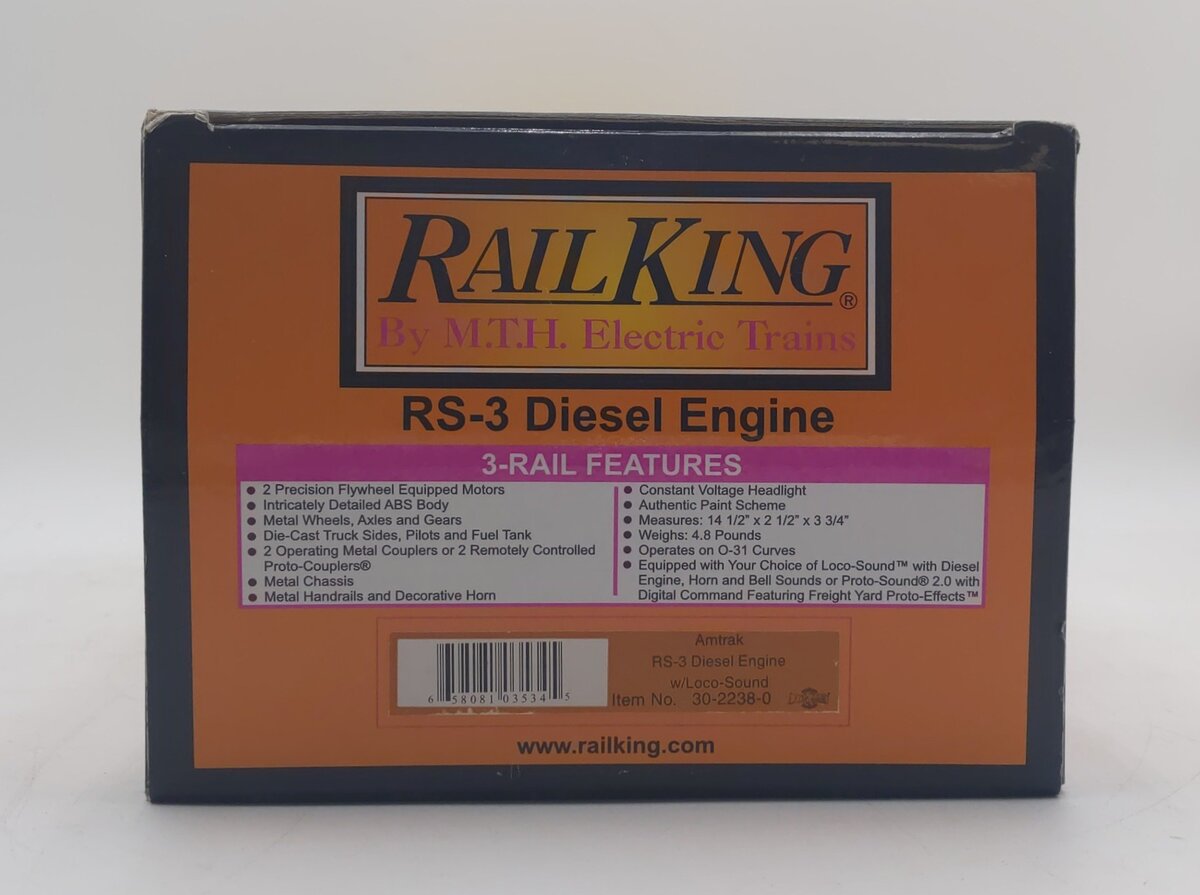 MTH 30-2238-0 Amtrak RS-3 Diesel Engine with Loco-Sound #106 EX/Box