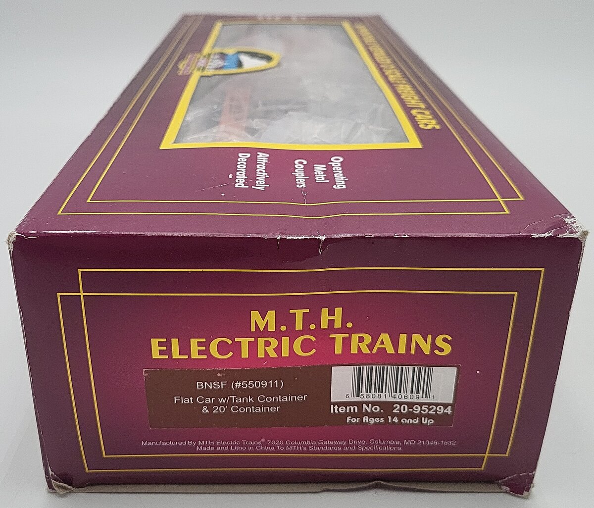 MTH 20-95294 O BNSF Flat Car with Tank Container and 20' Container #550911 LN/Box