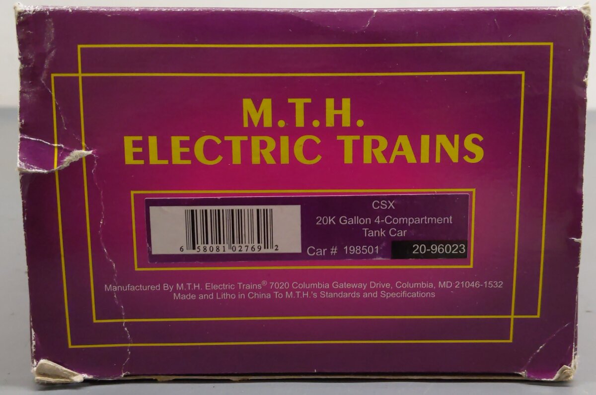 MTH 20-96023 O CSX 20,000 Gallon 4-Compartment Tank Car #198501 EX/Box