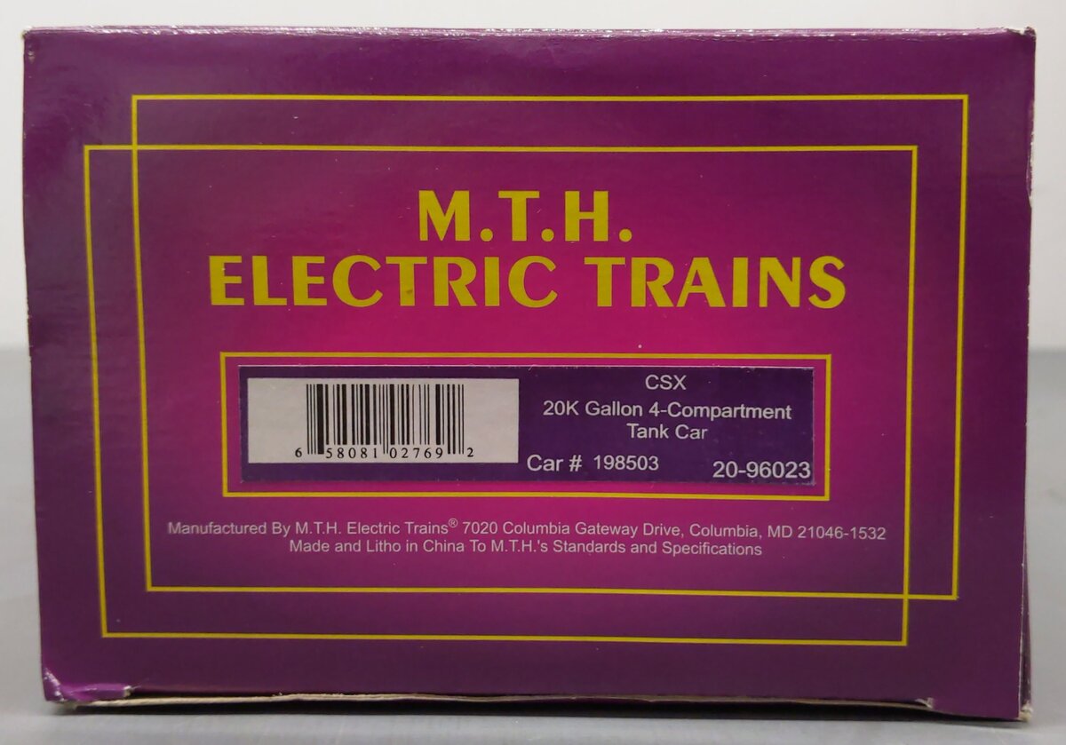 MTH 20-96023 O CSX 20,000 Gallon 4-Compartment Tank Car #198503 EX/Box
