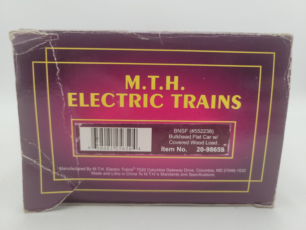 MTH 20-98659 BNSF Flat Car w/Bulkheads w/Covered Wood Load V2 EX/Box