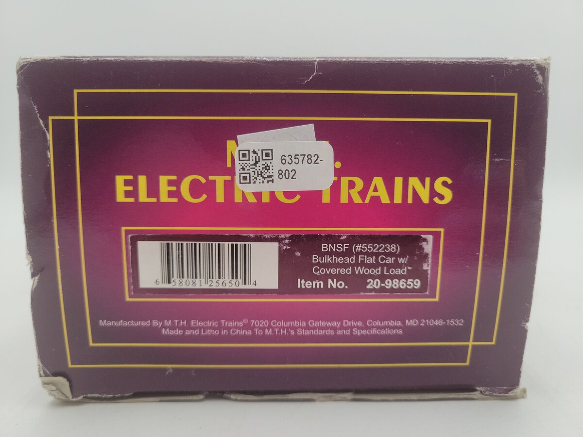 MTH 20-98659 BNSF Flat Car w/Bulkheads w/Covered Wood Load V2 EX/Box