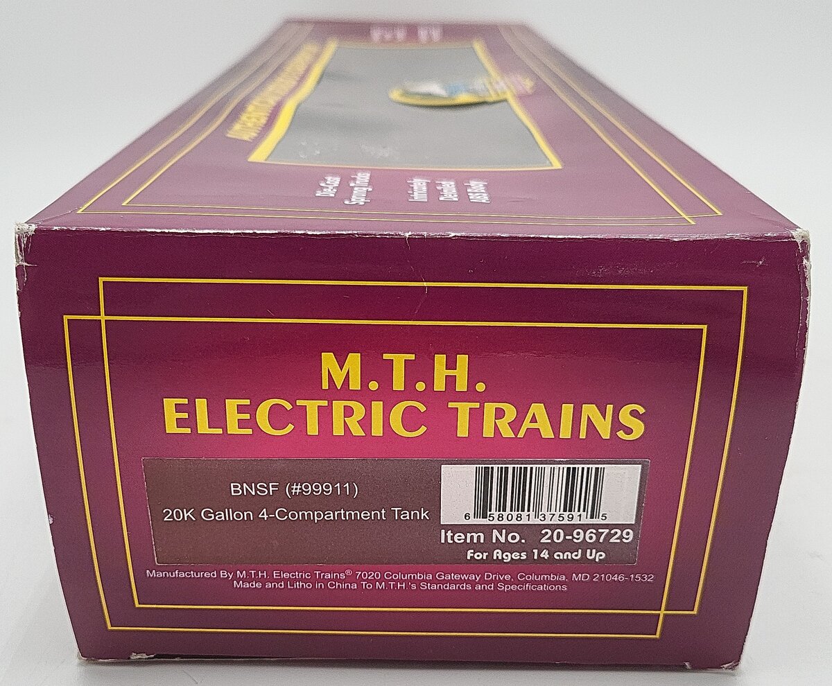 MTH 20-96729 O BNSF 20K Gallon 4-Compartment Tank Car #99911 LN/Box