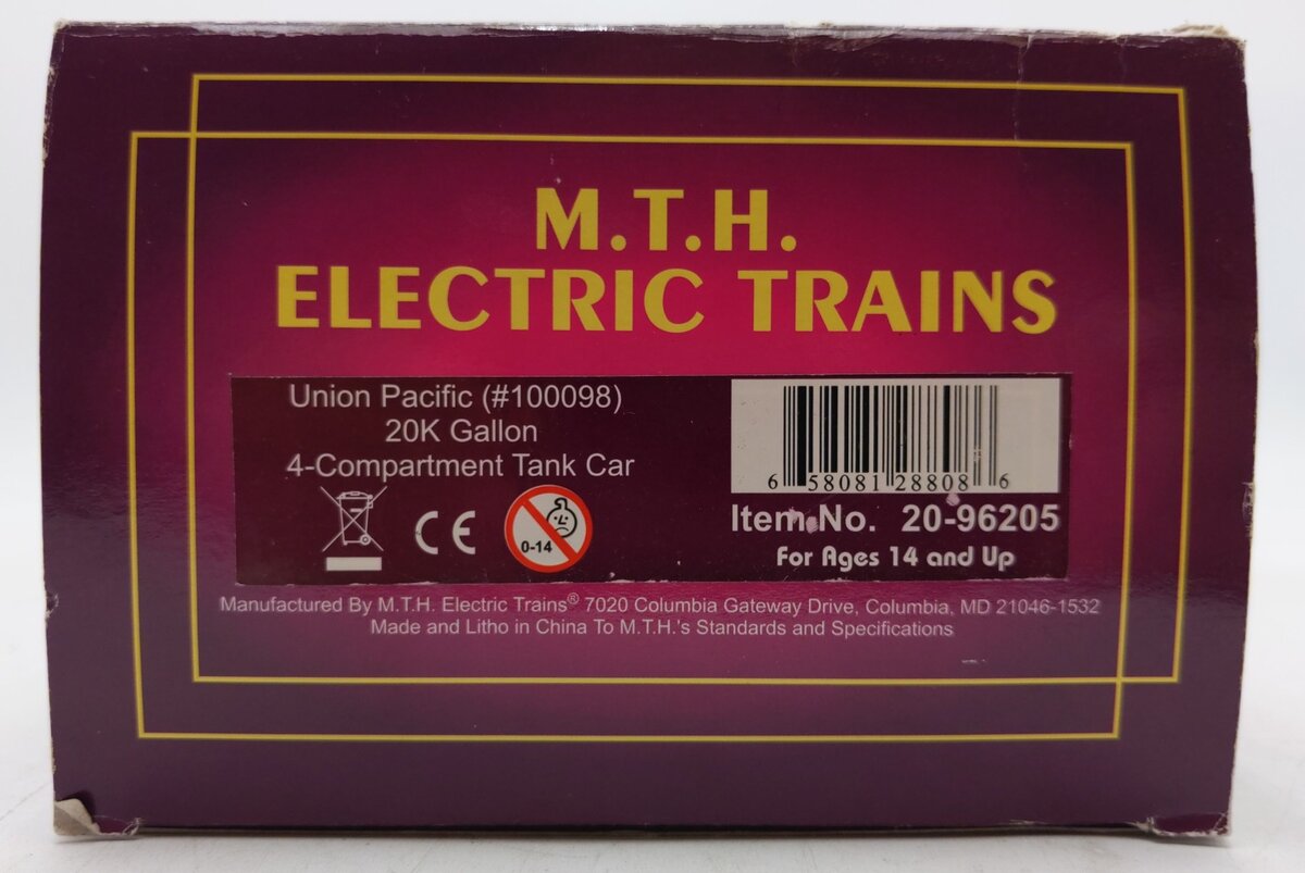 MTH 20-96205 O Gauge Union Pacific 20K Gallon 4-Compartment Tank Car #100098 LN/Box