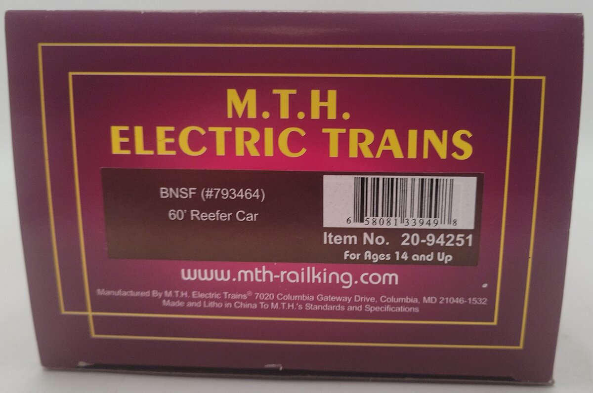 MTH 20-94251 O Gauge BNSF 60' Reefer Car #793464 EX/Box