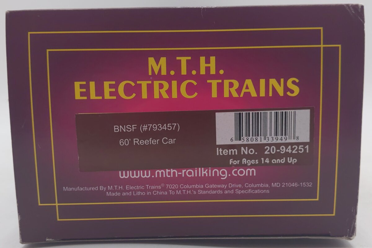 MTH 20-94251 O Gauge BNSF 60' Reefer Car #79357 EX/Box