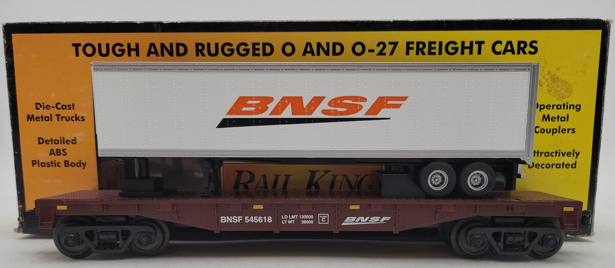 MTH 30-76426 O BNSF Flat w/Trailer #545618 LN/Box