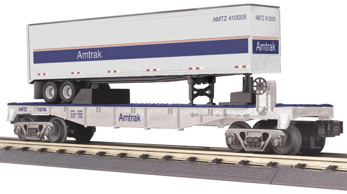 MTH 30-76127 O Gauge Amtrak Flatcar w/ Trailer #16704 LN/Box