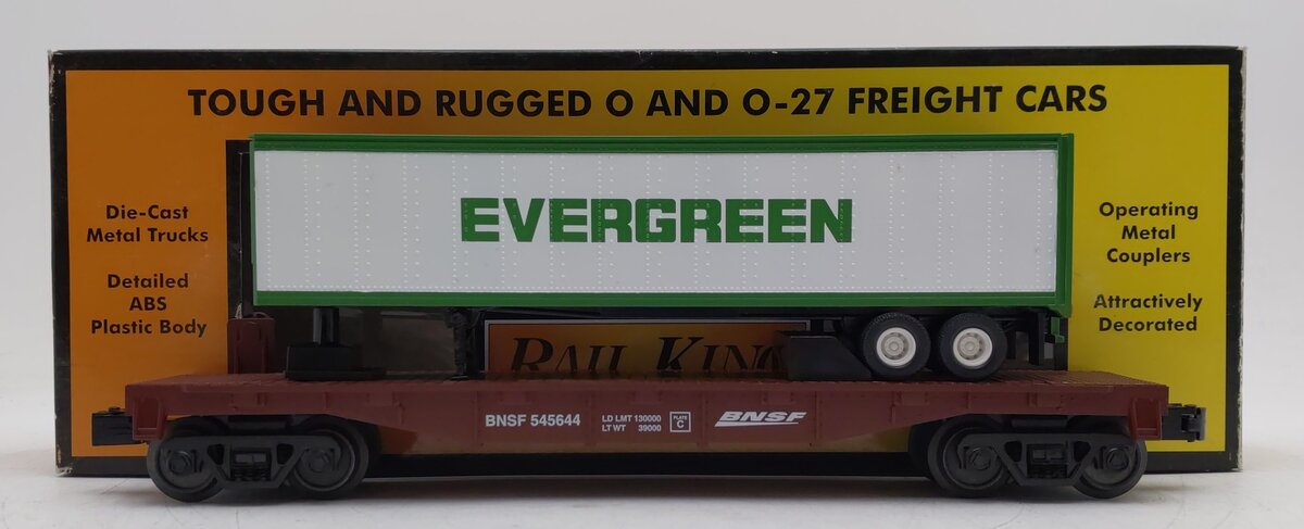 MTH 30-7077A O Scale BNSF Flat Car With Trailer #545644 EX/Box