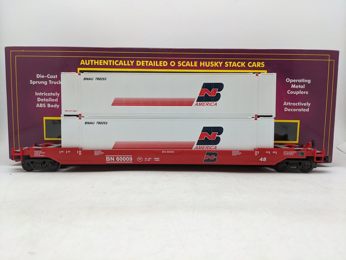 MTH 20-9502L O Gauge Burlington Northern Husky Stack Car w/ Containers #60009 EX/Box