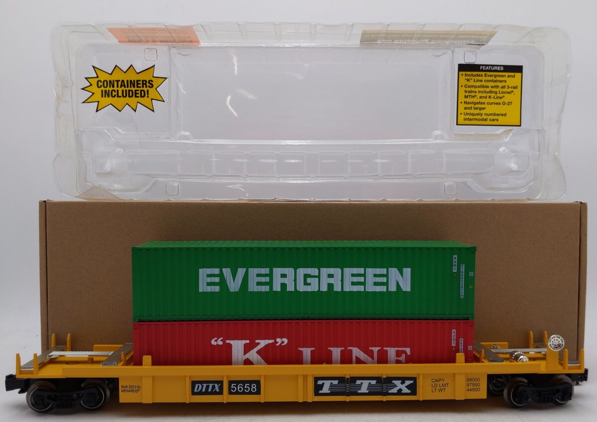 Menards 275-9077 O TTX Intermodal Car w/ Two Shipping Containers #5658 EX/Box