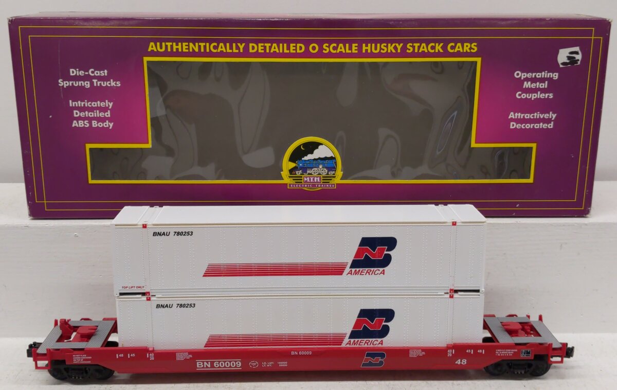 MTH 20-9502L O Gauge Burlington Northern Husky Stack Car w/ Containers #60009 EX/Box