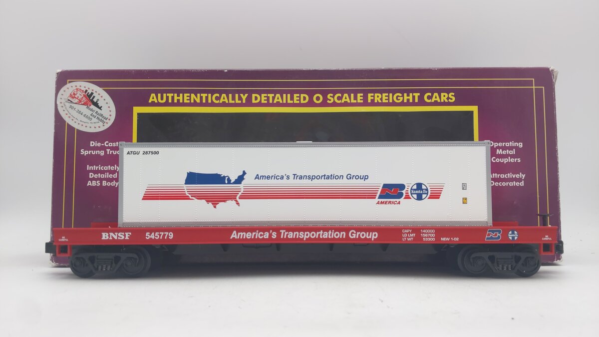 MTH 20-98368 O Gauge BNSF Flatcar w/40' Container #545779 EX/Box