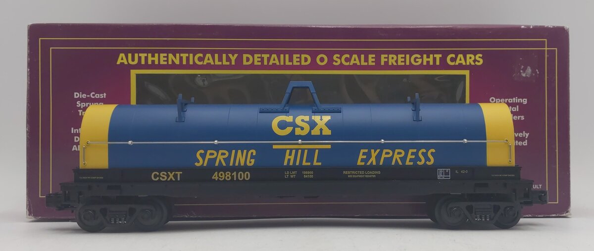 MTH 20-90019C O Gauge CSX Flatcar w/ Coil Covers #498100 EX/Box