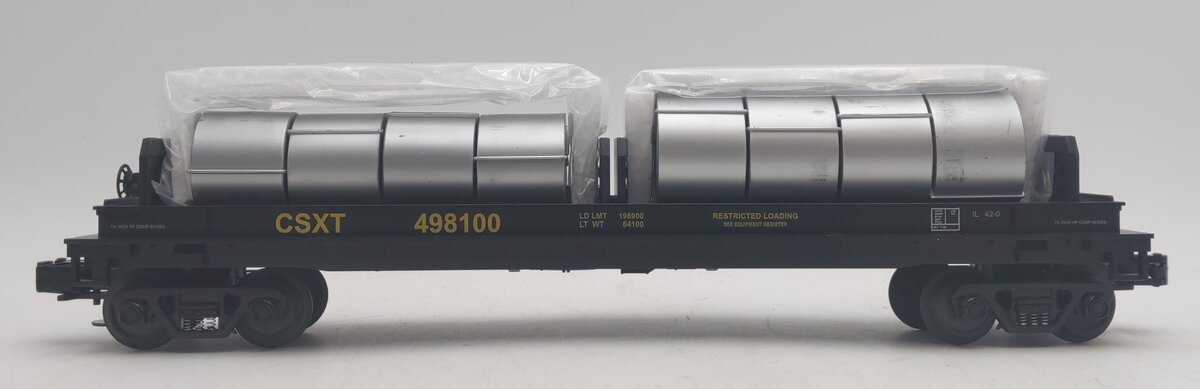 MTH 20-90019C O Gauge CSX Flatcar w/ Coil Covers #498100 EX/Box