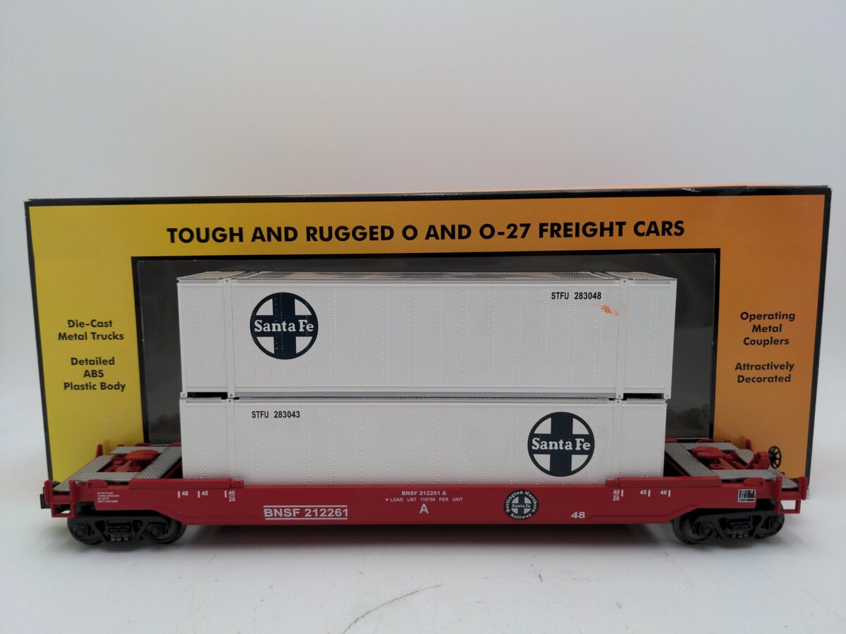 MTH 30-7644 O Gauge BNSF Husky-Stack Car with Containers #212261 EX/Box