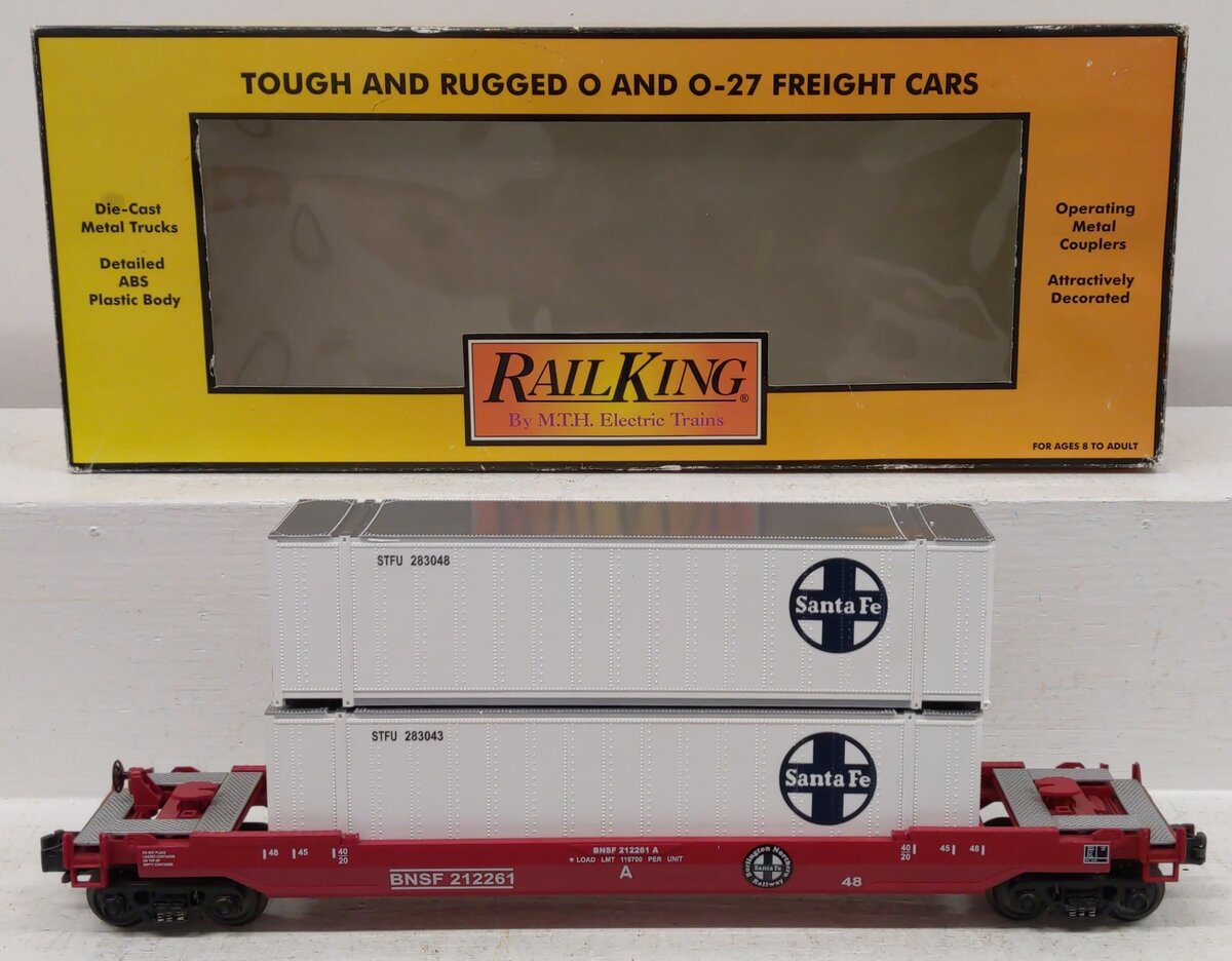 MTH 30-7644 O Gauge BNSF Husky-Stack Car with Containers #212261 EX/Box