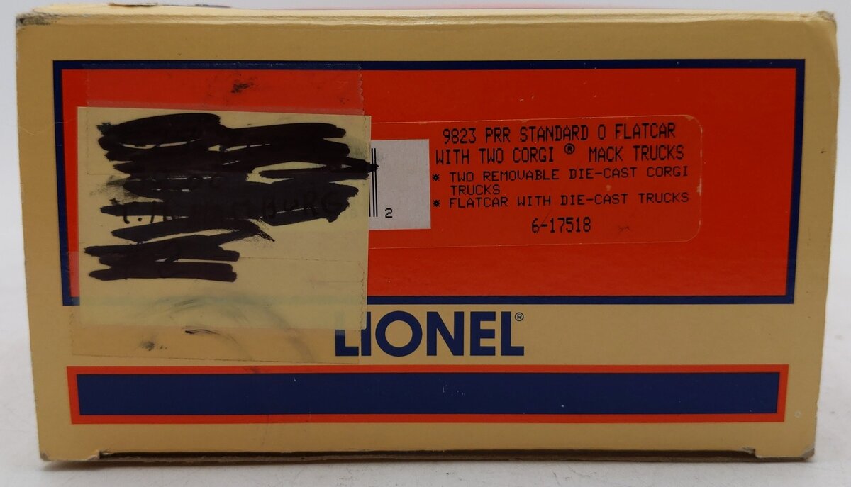 Lionel 6-17518 O Gauge Pennsylvania Flatcar with 2 Corgi Mack AEC Trucks #9823 VG/Box