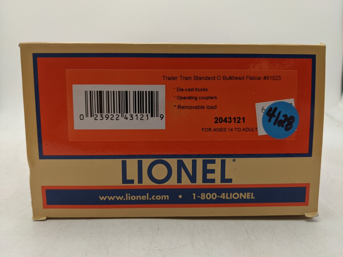 Lionel 2043121 O Trailer Train Standard Bulkhead Flatcar #81023 EX/Box