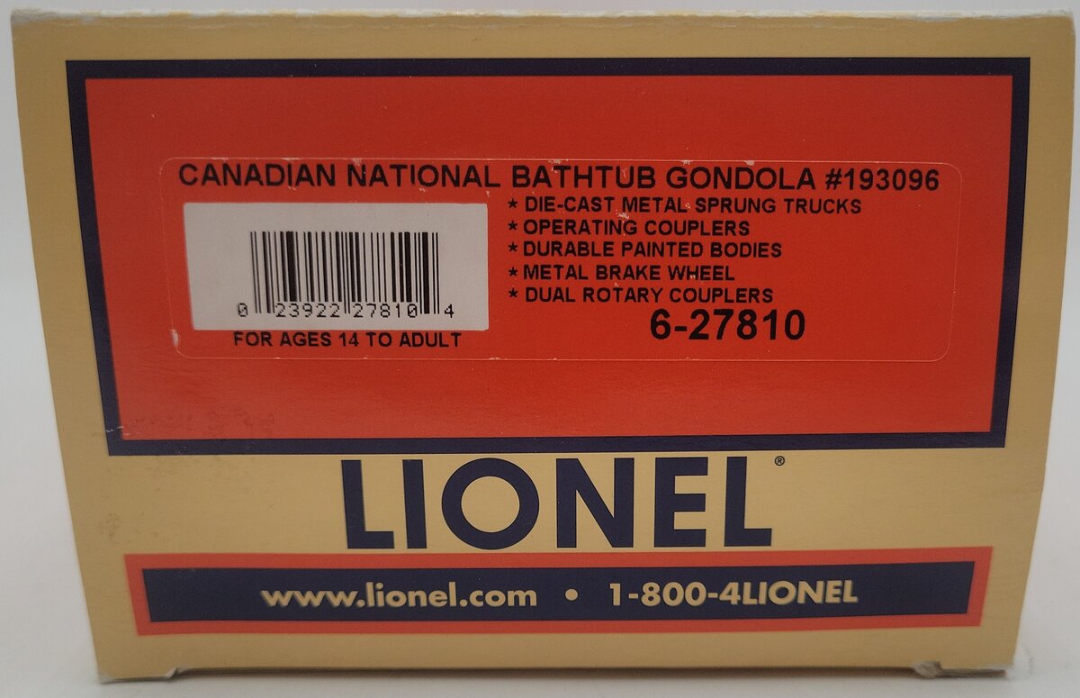 Lionel 6-27810 O Canadian National Bathtub Gondola #193096 EX/Box