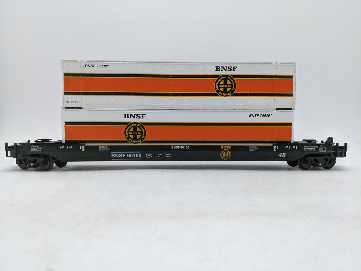 MTH 20-95006 O Gauge BNSF Husky Stack Car w/ Containers #60100 EX
