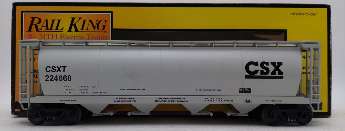 MTH 30-7540 O Gauge CSX 4-Bay Cylindrical Hopper Car #224660 EX/Box