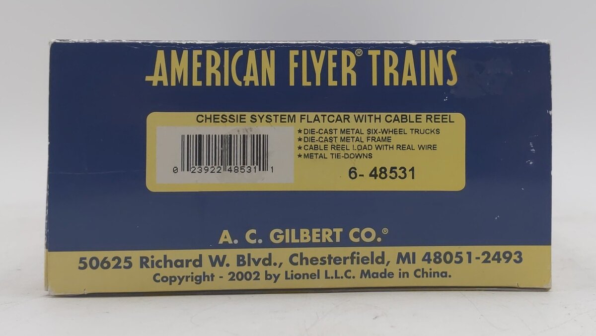 American Flyer 6-48531 S Scale Chessie Flatcar with Cable Reel LN/Box
