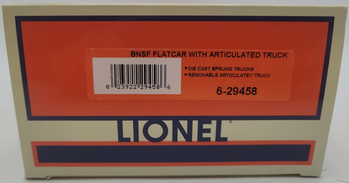 Lionel 6-29458 O Gauge BNSF Flatcar w/Die-Cast Articulated Truck EX/Box