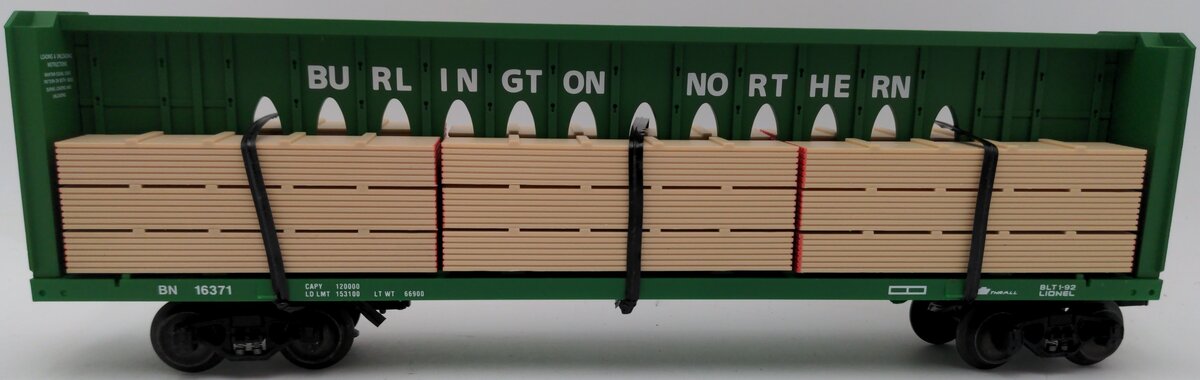 Lionel 6-16371 O Gauge Burlington Northern I-Beam Flat Car #16371 w/Wood Load EX/Box