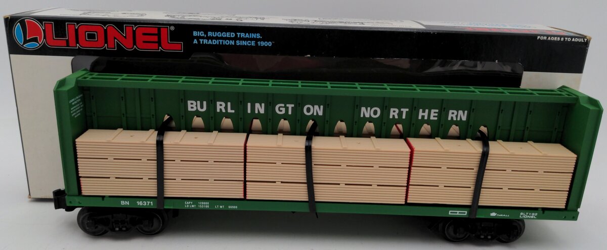 Lionel 6-16371 O Gauge Burlington Northern I-Beam Flat Car #16371 w/Wood Load EX/Box