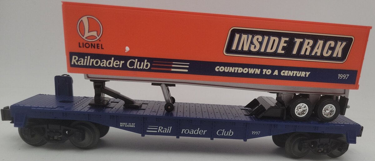Lionel 6-19437 O Gauge Lionel Rail Roader Club Flatcar w/Inside Track Trailer EX/Box