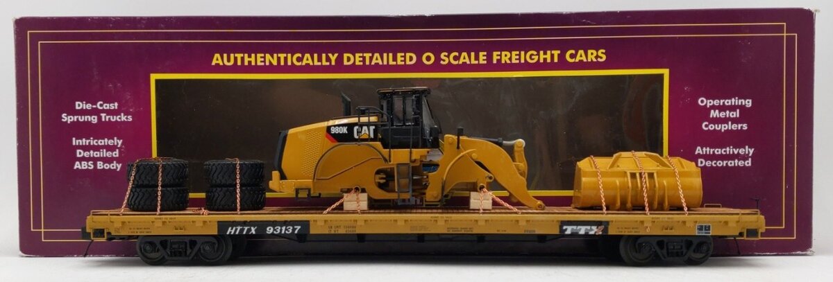 MTH 20-92140G O Gauge TTX 60' Flat Car w/ Chained Caterpillar 980K Wheel Loader LN/Box