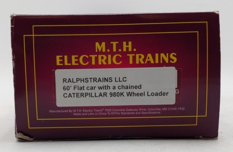 MTH 20-92140G O Gauge TTX 60' Flat Car w/ Chained Caterpillar 980K Wheel Loader LN/Box