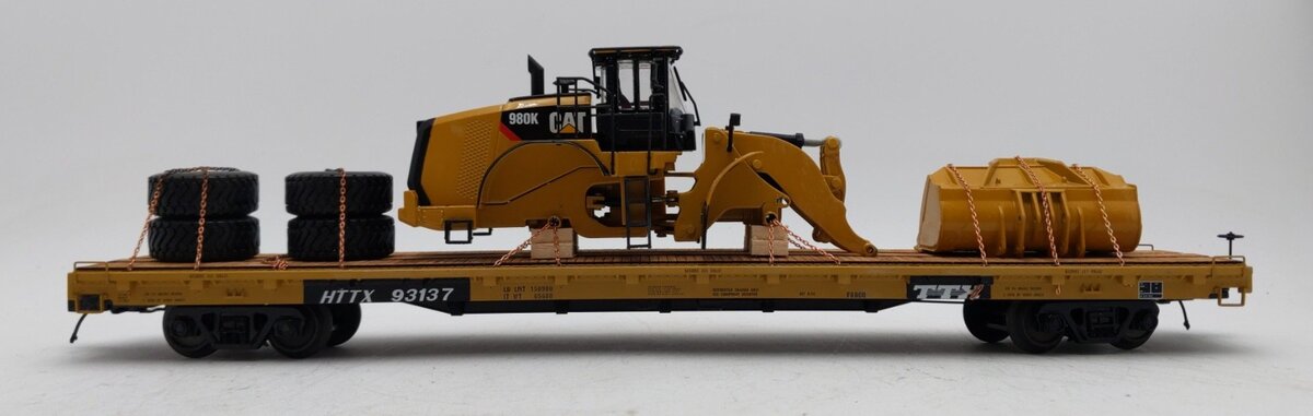 MTH 20-92140G O Gauge TTX 60' Flat Car w/ Chained Caterpillar 980K Wheel Loader LN/Box