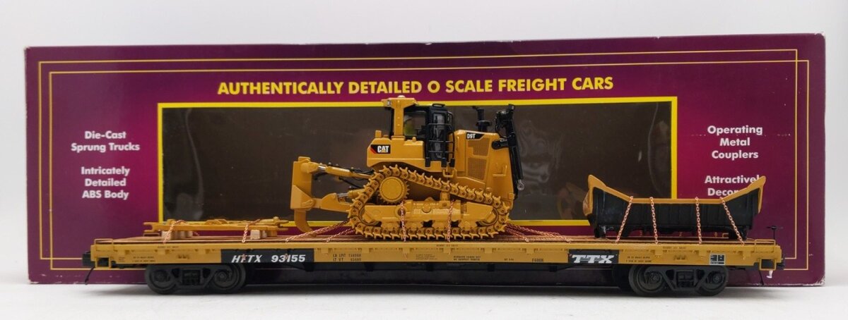 MTH 20-92142C O Gauge TTX 60' Flat Car w/ CATERPILLAR D9T Bulldozer LN/Box