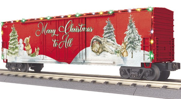 MTH 30-71203 O Christmas RailKing 50’ Double Door Plugged Boxcar w/ LED Lights NIB