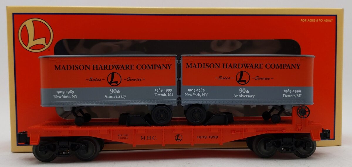 Lionel 6-52187 O Gauge Madison Hardware Flatcar w/ Piggyback Vans EX/Box