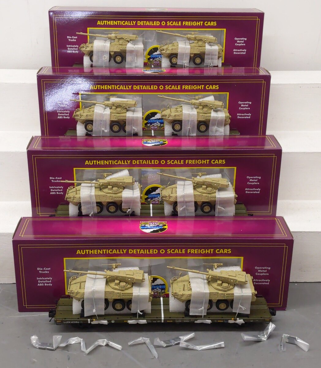 MTH 20-92276 O Gauge U.S. Army 4-Car 60' Flat Car Set w/(2) Stryker Vehicles LN/Box