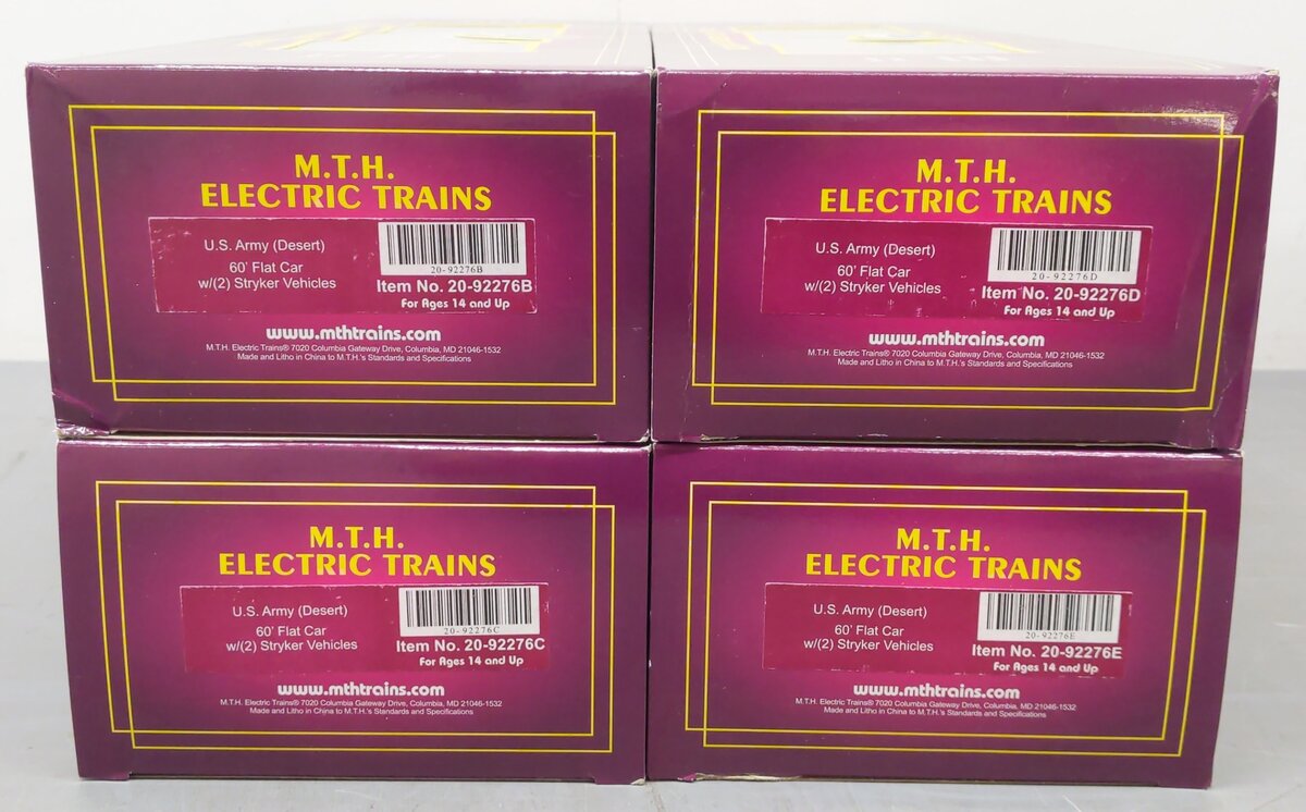 MTH 20-92276 O Gauge U.S. Army 4-Car 60' Flat Car Set w/(2) Stryker Vehicles LN/Box