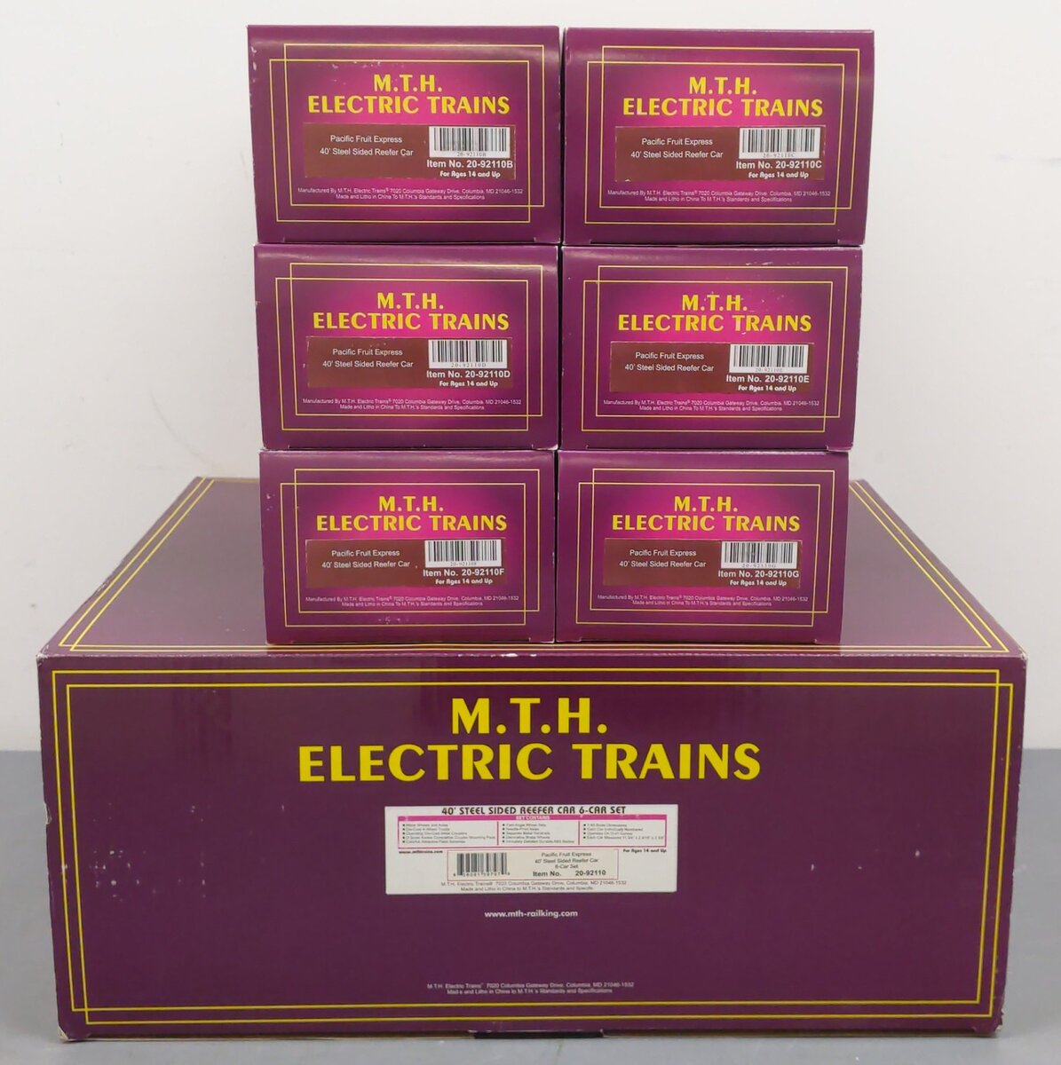 MTH 20-92110 O Gauge Pacific Fruit Express 40' Steel Sided Reefers (Set of 6) LN/Box