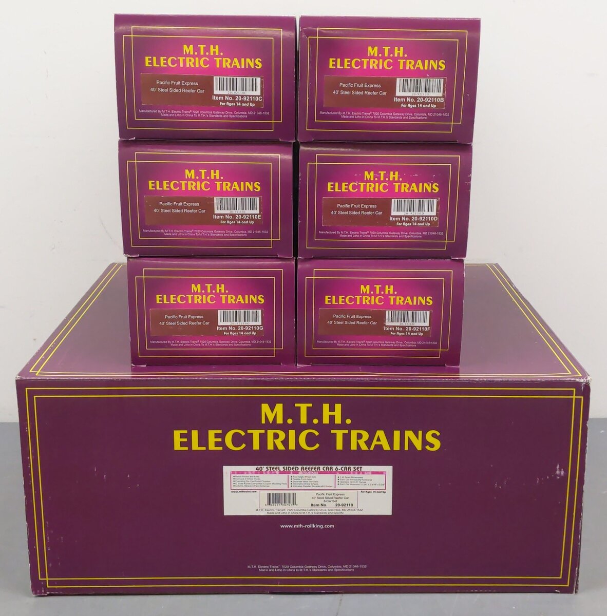 MTH 20-92110 O Gauge Pacific Fruit Express 40' Steel Sided Reefers (Set of 6) LN/Box