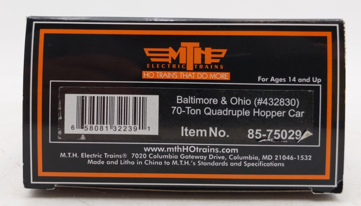 MTH 85-75029 Baltimore & Ohio HO Scale 70t Quad Hopper #432830 LN/Box
