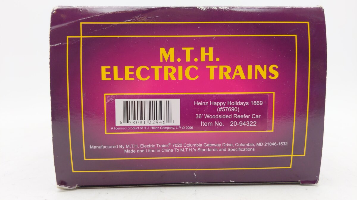 MTH 20-94322 Heinz Happy Holidays 1869 36'' Woodsided Reefer Car #57690 LN/Box
