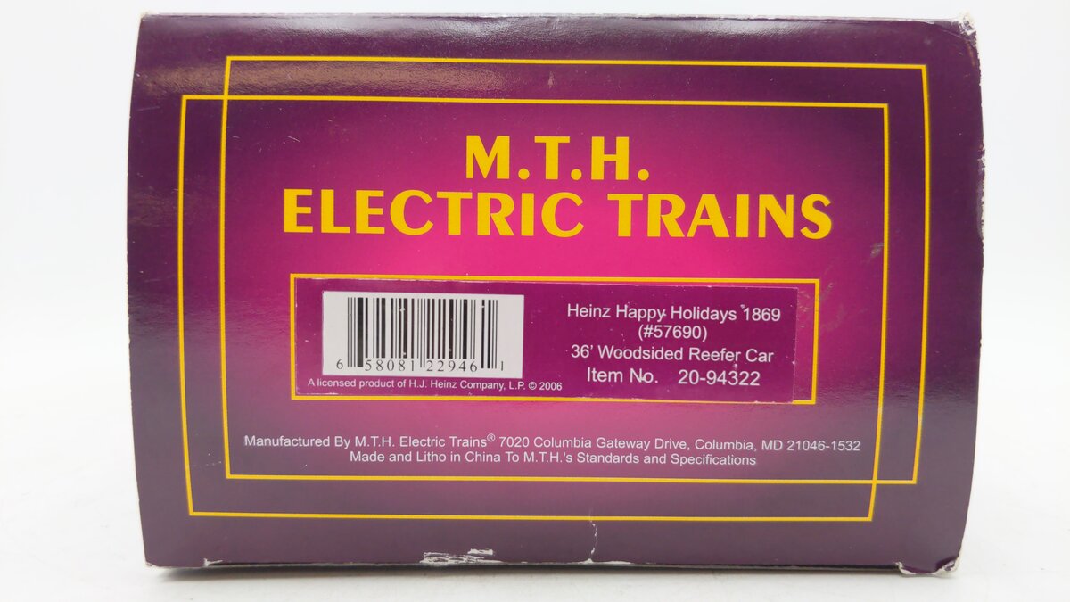 MTH 20-94322 Heinz Happy Holidays 1869 36'' Woodsided Reefer Car #57690 LN/Box