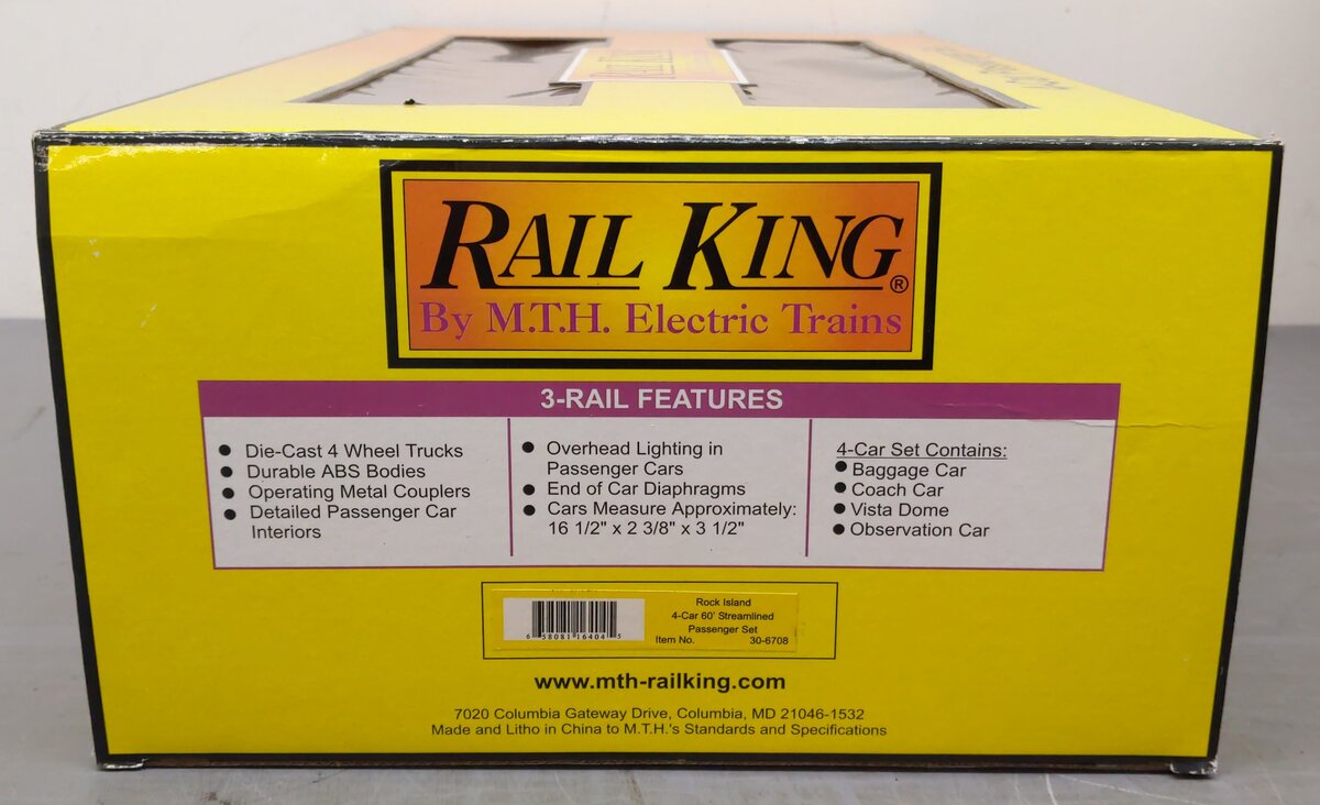 MTH 30-6708 O Rock Island 60' Streamlined Smooth Sided Passenger Set (Set of 4) LN/Box