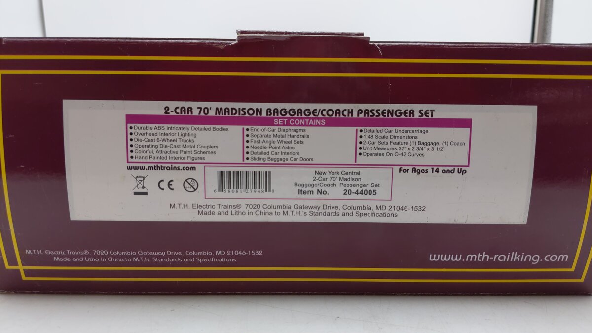 MTH 20-44005 O New York Central 70' Madison Baggage/Coach Set (Set of 2)
